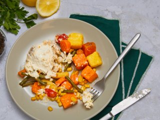 Cabillaud poêlé crème de maïs et patate douce