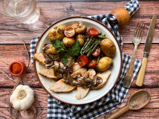 Poulet et pommes grenailles en crème de champignons