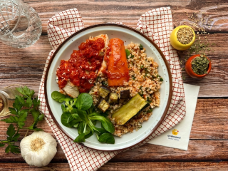Grande salade poulet aubergines