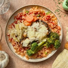 Aubergine farcie au boeuf et aux oignons caramélisés