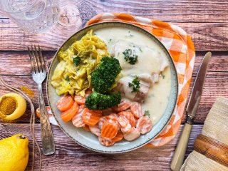 Poisson blanc et embeurrée de choux au curcuma