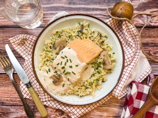 Blanquette de saumon épais et riz aux poireaux