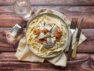 Poulet et tagliatelles en crème de champignons