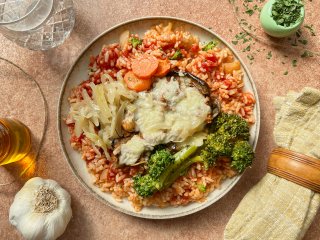 Aubergine farcie au boeuf et aux oignons caramélisés