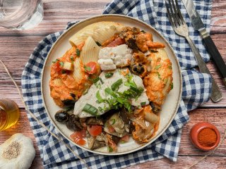 Dos de cabillaud et pommes grenailles aux aubergines