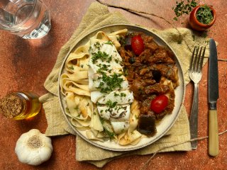 Filet de cabillaud et tagliatelles à la sicilienne