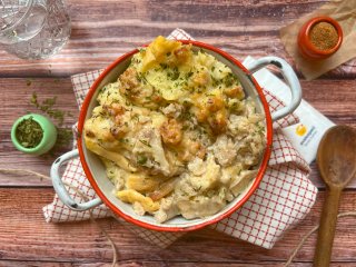 Fricassée de poulet et gratin de macaronis