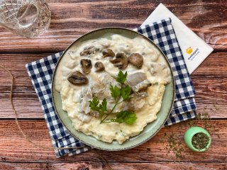 Filet de lieu aux champignons et purée de pommes de terre