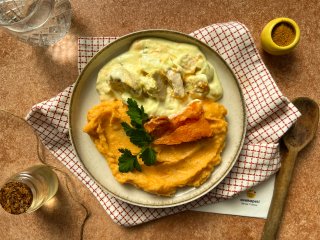 Fricassée de poulet et purée de patate douce au thym