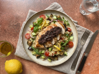 Salade de poulet sauce tapenade et riso au citron confit