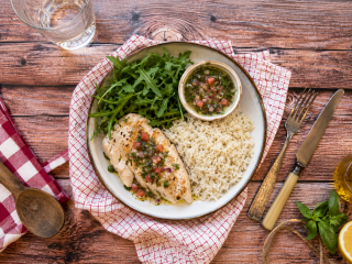 Blanc de poulet sauce vierge et salade de riz au basilic