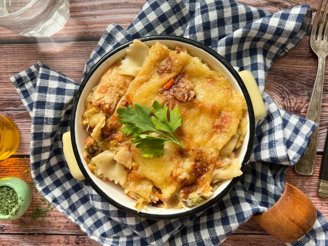 Gratin de farfalles aux poireaux balsamiques
